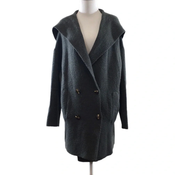 Zara Knit Gray‎ Double Breasted Acrylic Sweater Womens Small Hooded Oversized - Picture 1 of 11
